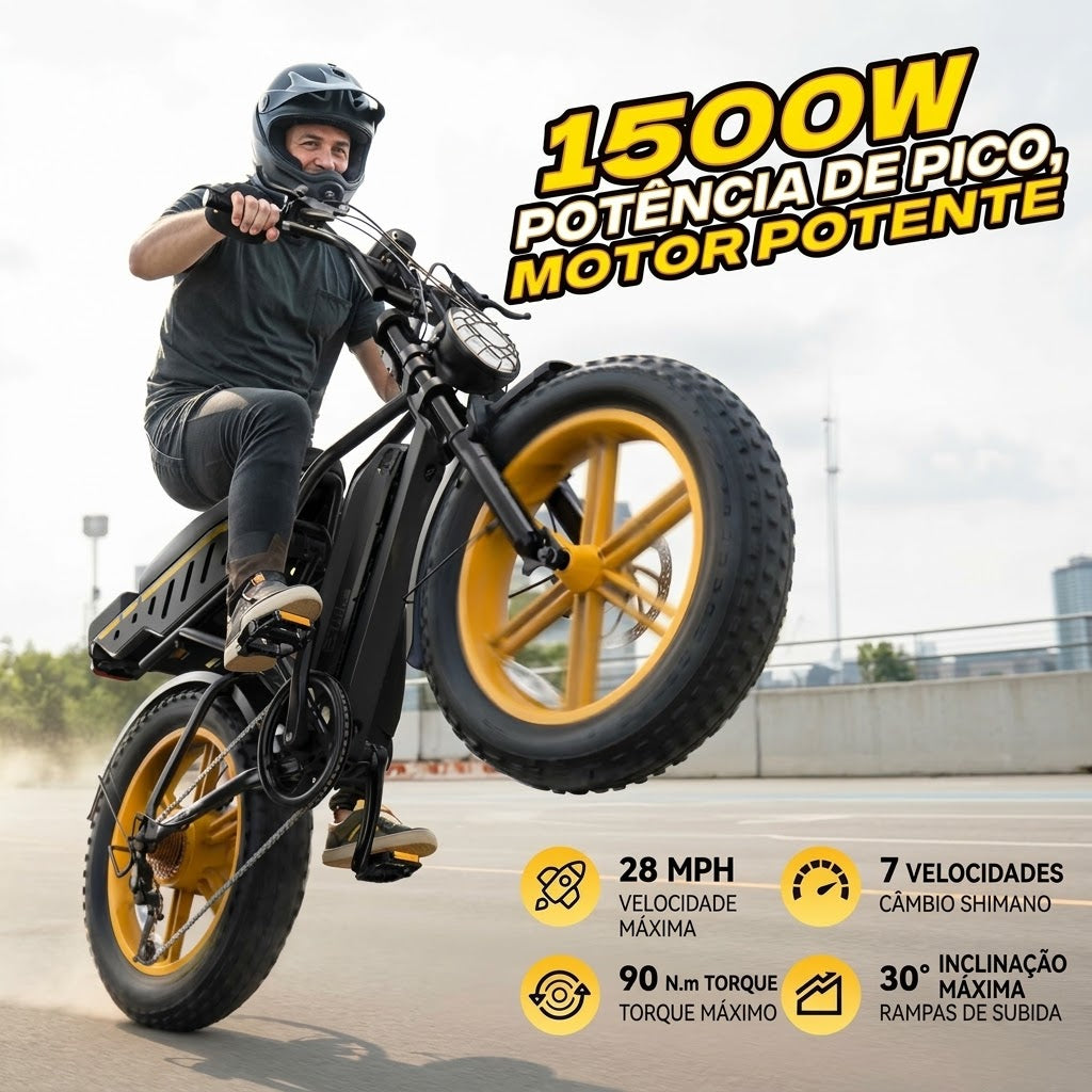 🔥 Bicicleta Elétrica para Adultos, Bateria de 48V 15Ah, Motor com Potência Máxima de 1500W, Pneus Fat Tire 🔥