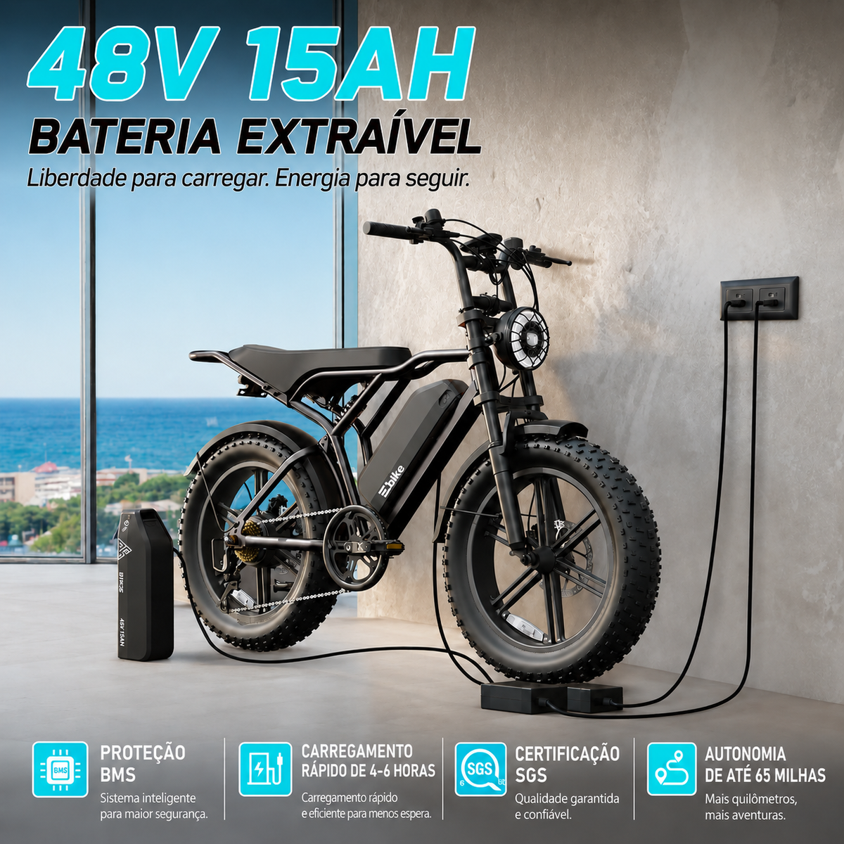 🔥 Bicicleta elétrica para adultos, 1500 W, bateria de 48 V 15 Ah, pneus largos de 20" 🔥
