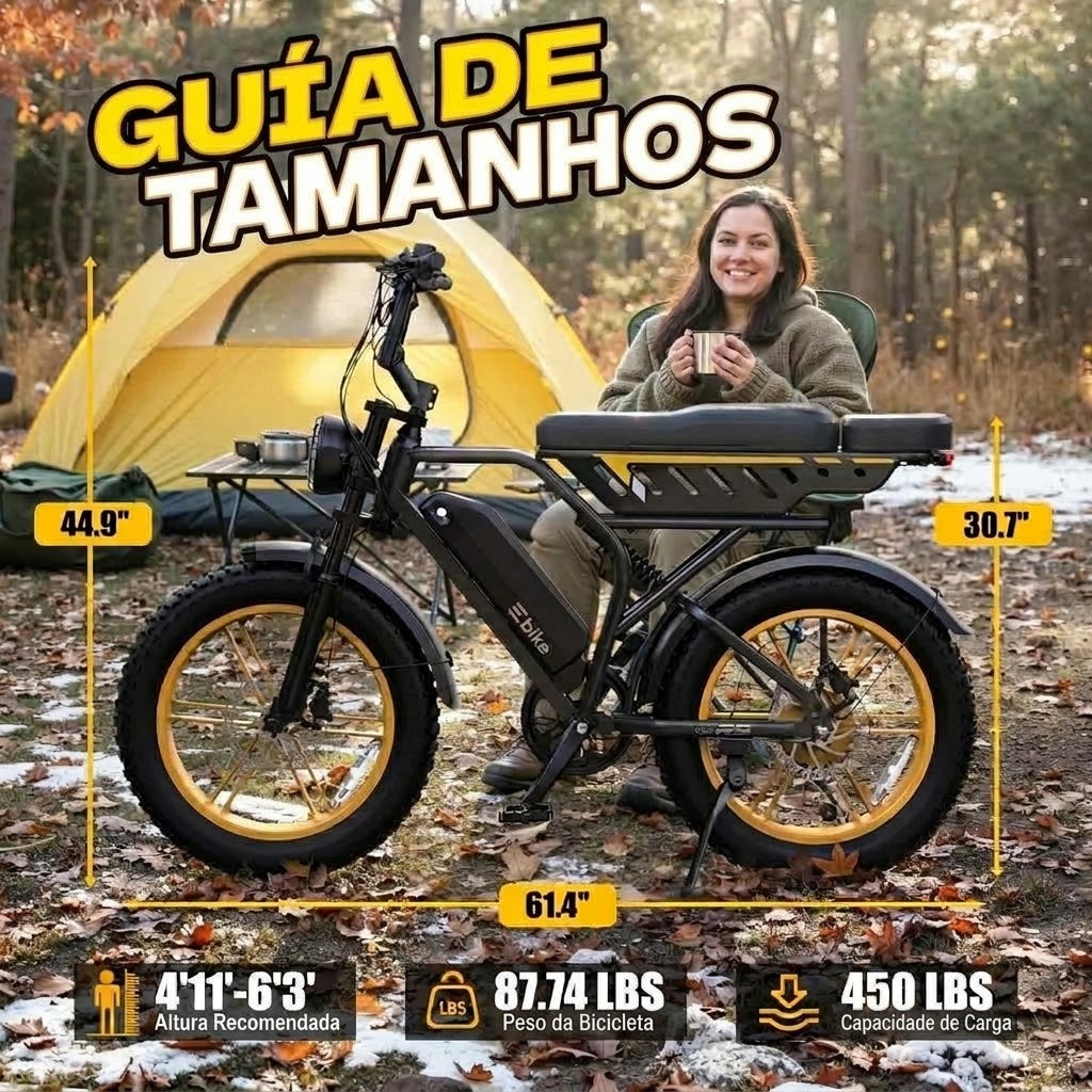🔥 Bicicleta Elétrica para Adultos, Bateria de 48V 15Ah, Motor com Potência Máxima de 1500W, Pneus Fat Tire 🔥