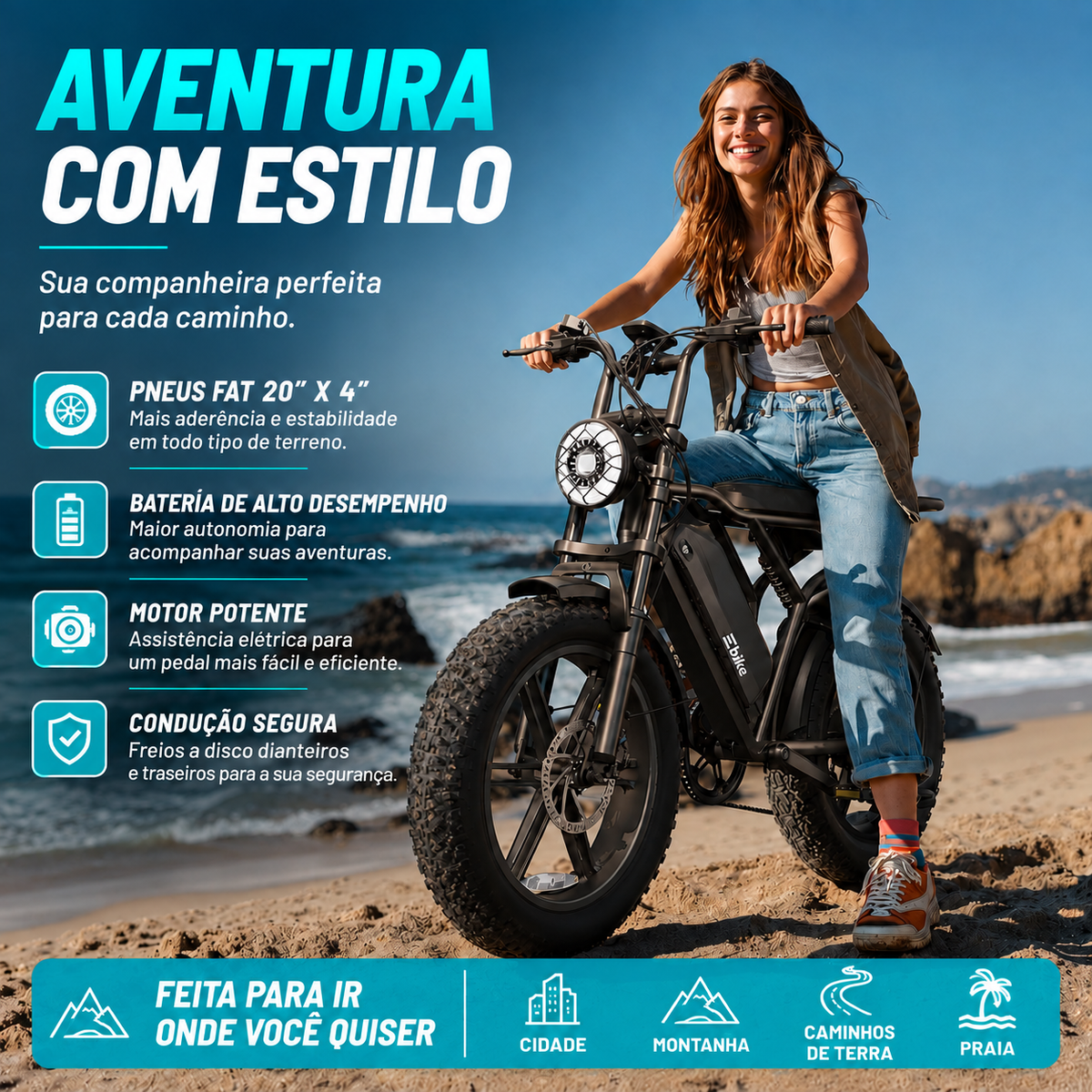 🔥 Bicicleta elétrica para adultos, 1500 W, bateria de 48 V 15 Ah, pneus largos de 20" 🔥